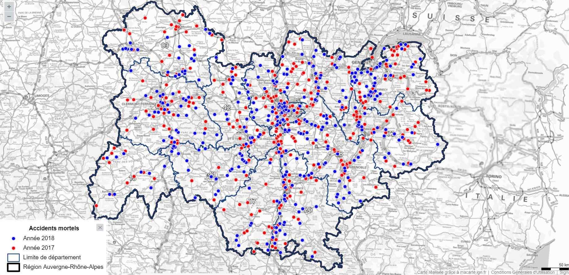 carte dynamique des accidents mortels avec les données 2017 et 2018 pour la région Auvergne-Rhône-Alpes